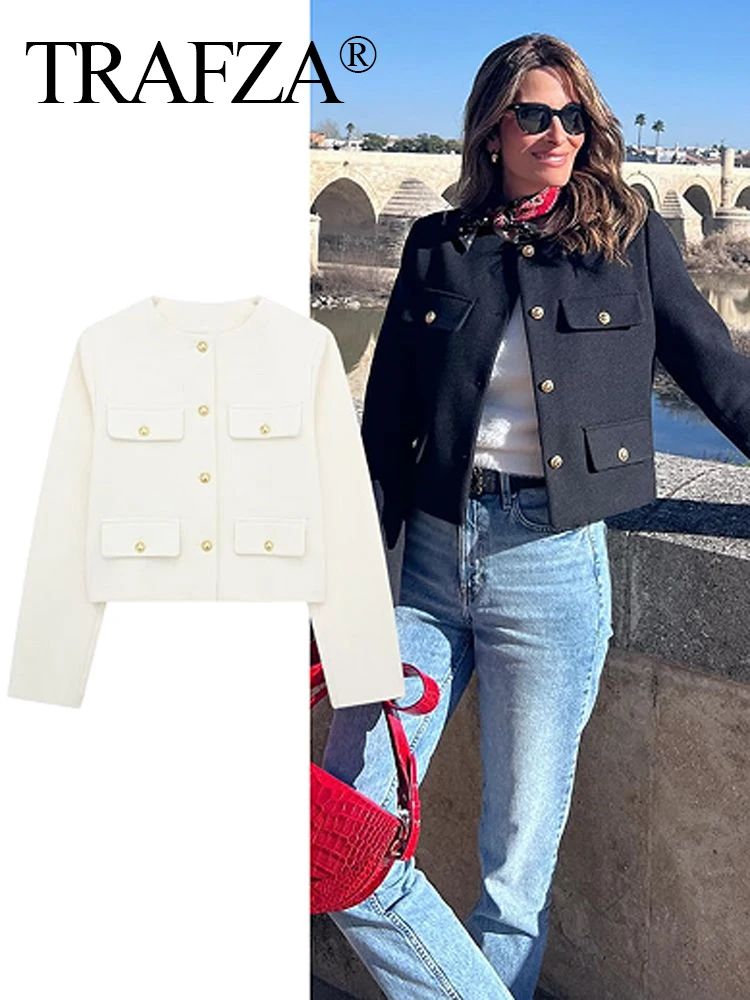 

TRAFZA 2024 Fashion Women Bomber Cropped Jackets Female Golden Button Blazer Spring Women's Chic Streetwear Outwear Top