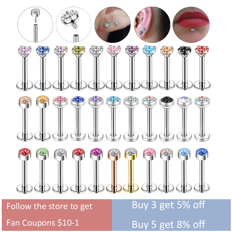 ZS 6 13PCS LOT 16G Stainless Steel Lip Labret Piercing Set Crystal Monroe Lip Stud Ear Tragus Helix Cartilage Piercing 6 8 10mm piercing jewelry
