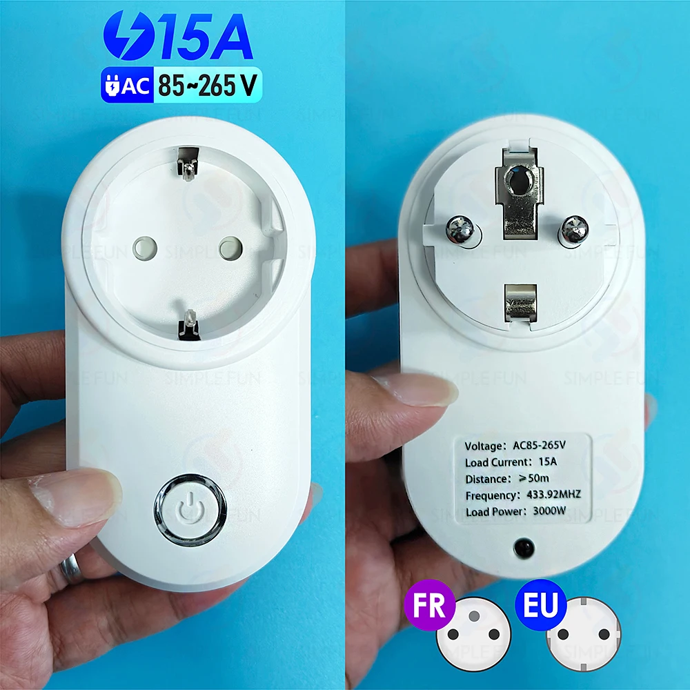 Wireless Remote Control Socket 220V 110V EU FR Smart Plug,50m Control Range,Power Outlet 15A for Home Appliance Light Fan 5