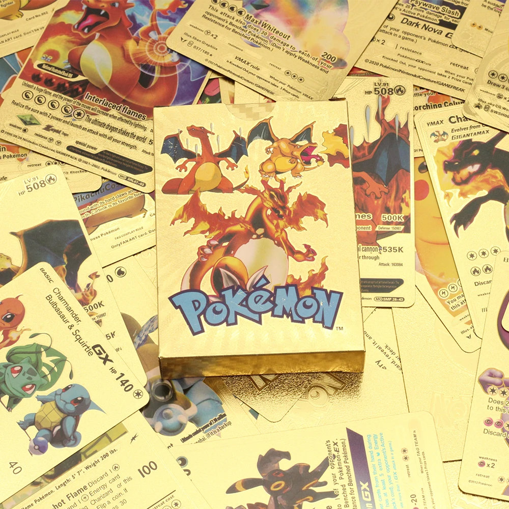 Cartas de Pokémon de Metal, oro, plata, inglés, francés, Vmax, GX, Charizard, Pikachu, Colección rara, entrenador de batalla, regalo para niños