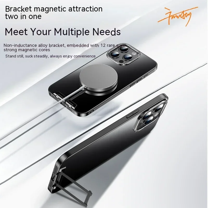 Magsafe Magnetic Case For iPhone 15 Pro Max Phone Case Metal Camera lens Invisible Bracket Stand Back Cover