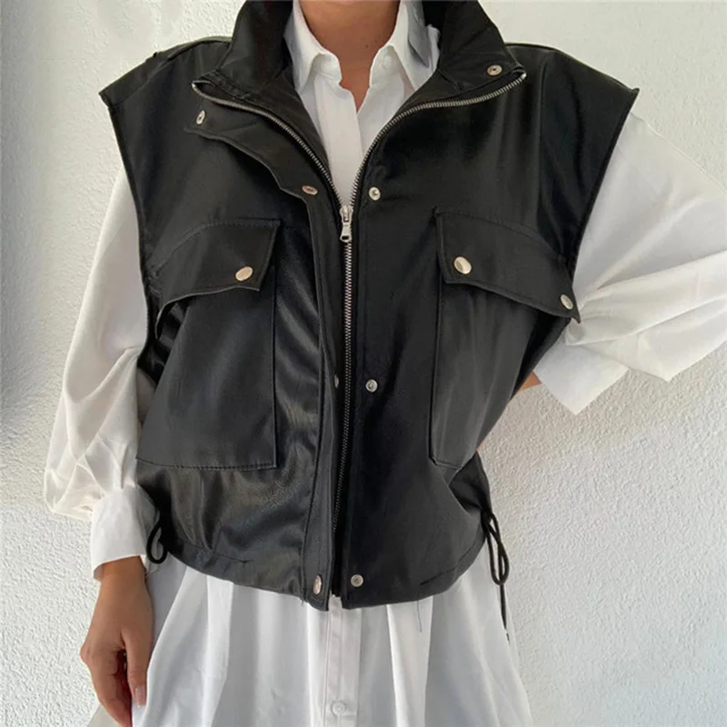 Faux Leather Jacket Coat Women  New Spring Casual Pu Pockets Zipper Shrug Winter Sleeveless Jackets Coats Woman Vest