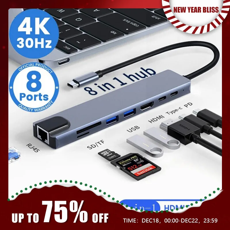 8in1 USB C HUB 타입 C 스플리터 4K 썬더 볼트 3 도킹 스테이션 노트북 어댑터 맥북 에어 M1 아이 패드 프로 RJ45 HDMI 컴퓨터