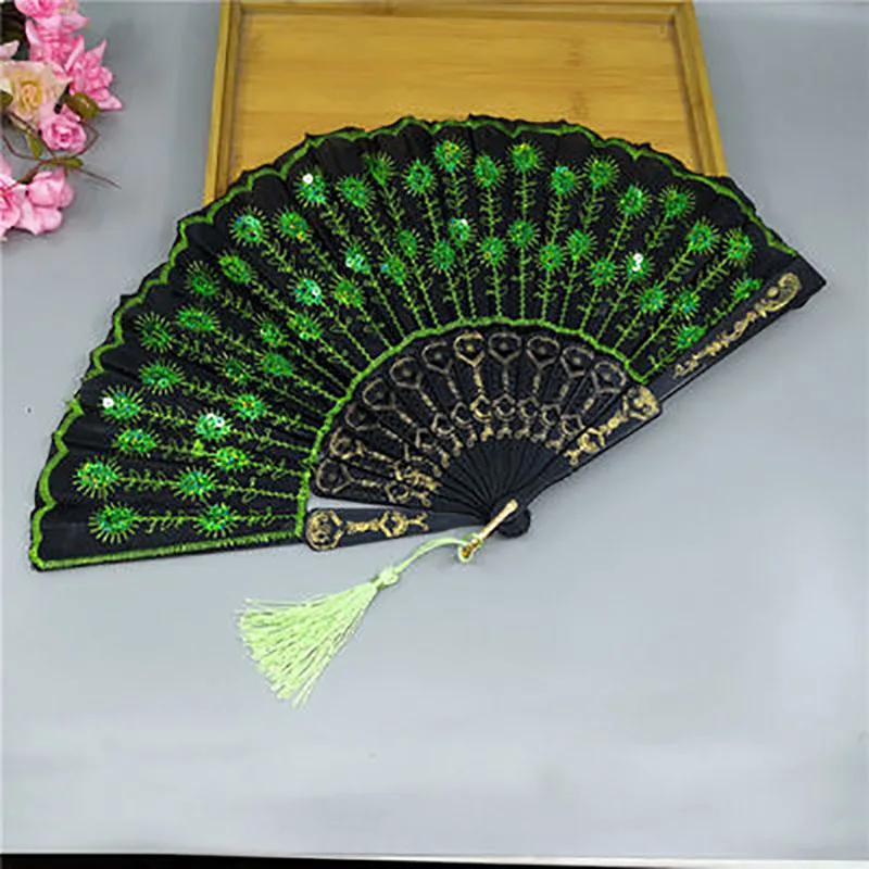 Ancient Folding Plastic Bone Hand Fan for Women, Sequins Decor, Portable Dance Fan, Photo Props, Wedding Party Accessories