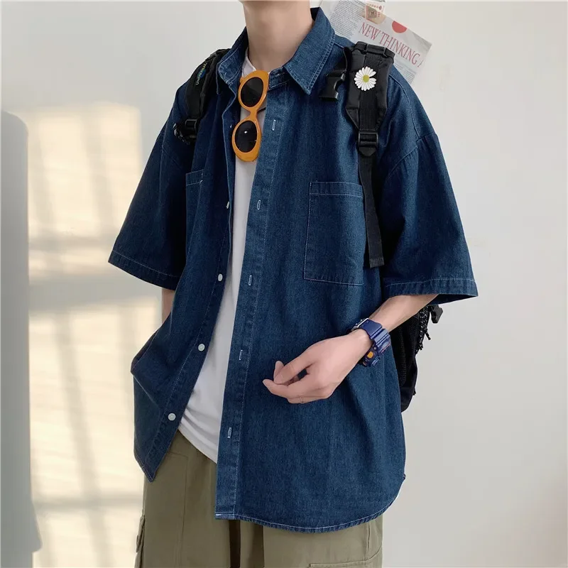 Denim Shirt Summer New Loose Fit 5 Button Short Sleeve Men's Denim Shirt Casual Style Korean Version Couple's Shirt Comfortable Breathable