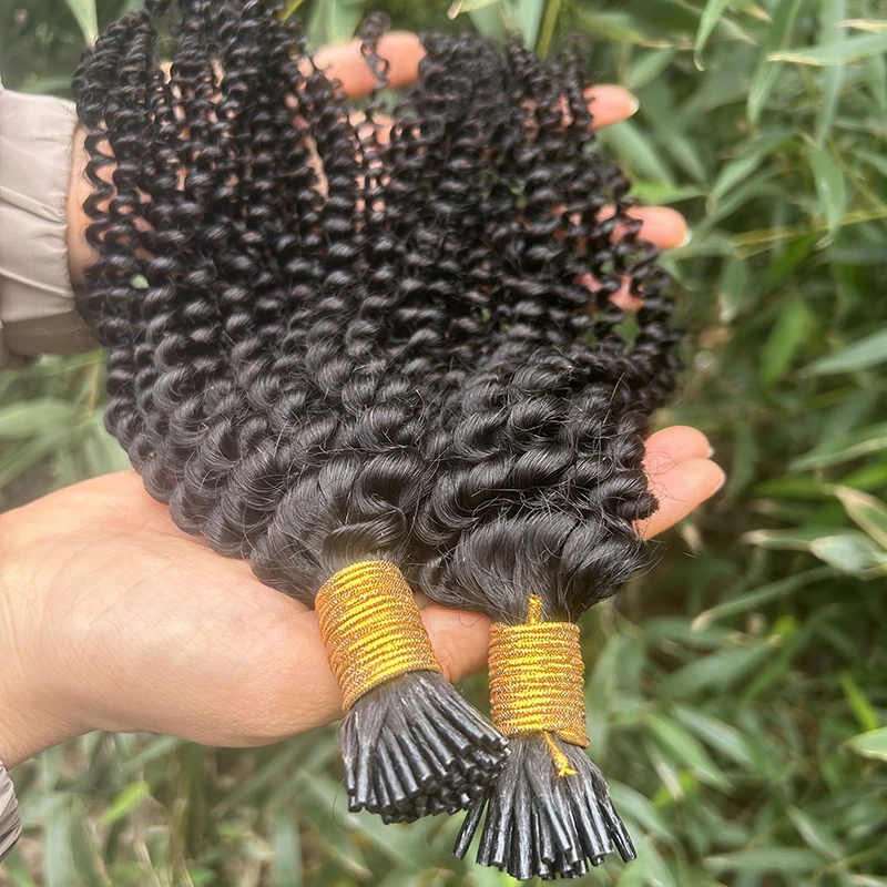JUF I Tip Hair Extensions Human Hair Kinky Curly Itips Human Extensions For Black Women Full to Bottom Natural Black I Tips