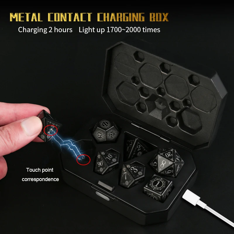 DND LED 주사위 충전식(충전 케이스 포함), 7개 세트 발광 주사위, 테이블탑 게임 RPG 던전 앤 드래곤 주사위, 크리스마스 선물
