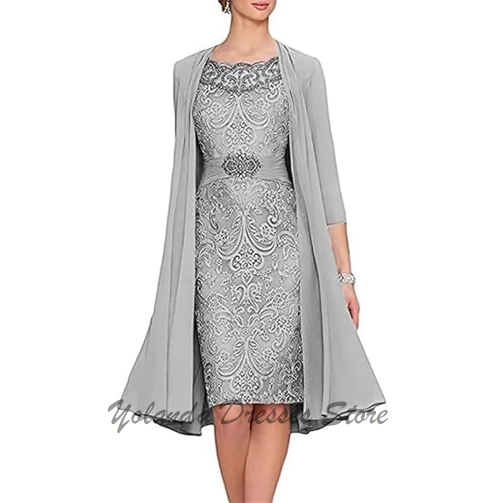 Fashion Knee Length Mother of The Bride Dresses Chiffon A Line Prom Formal Gown Appliques Lace Wedding Party Lace Up Back