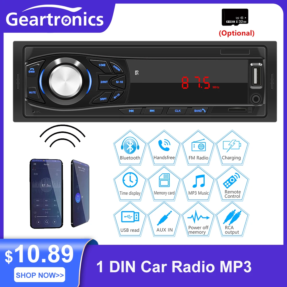 1 DIN Car Stereo Bluetooth Hands Free Calling Music TF Card USB AUX