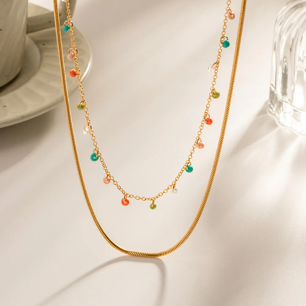 

Double Layer Colorful Beads Snake Chain Stainless Steel Necklace 18K Gold Plating Waterproof Jewelry Women