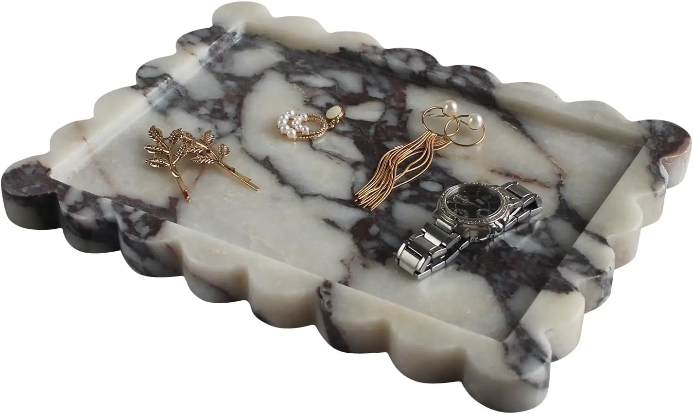 Natural Calacatta Viola Scalloped Edge Marble 10.8"x8" Luxury Vanity Serving Decorative Tray Home Plate Holder 3