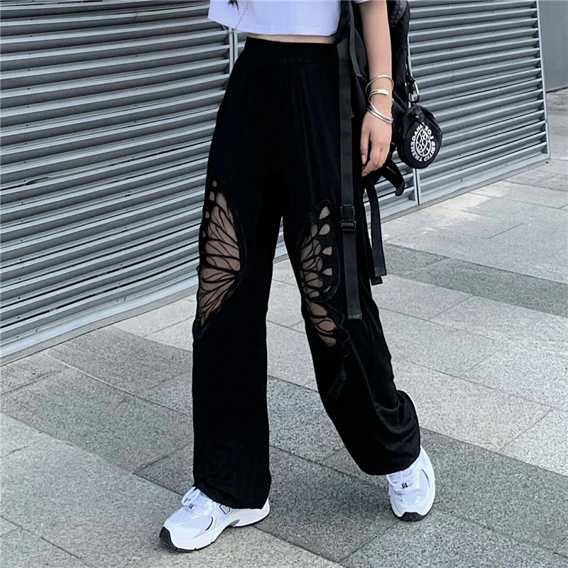 Women Fashion New Loose Casual Pants 2021 Spring and Autumn High Elastic Waist Black Hollow Butterfly Print Long Harem Pants beaded hole denim overalls women loose 2021 spring and summer new cartoon sequined casual harem pants