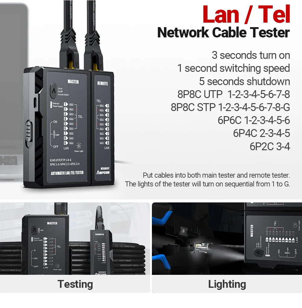 ampcom crimper lan tester conjunto de ferramentas ethernet cabo stripper soco para baixo ferramenta rj conectores em conjunto de reparo de cabeamento