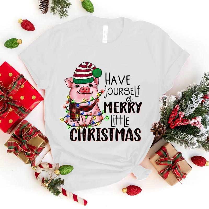 

(High Quality Clothes)Hot Pig Have Yourself A Merry Little Christmas Printed T-Shirts For Women Summer Short Sleeve Tee Shirts