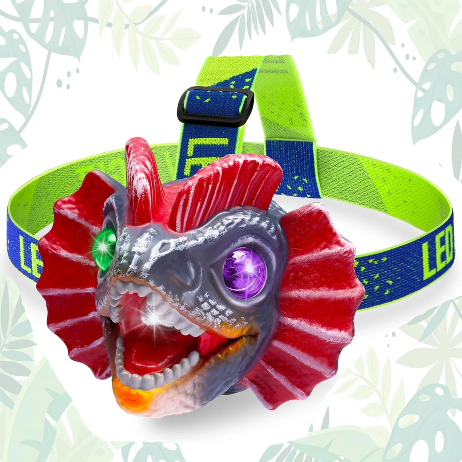 High-quality, long-lasting LED headlamp for kids. Unique dinosaur design with adjustable strap for a comfortable fit. Explore in