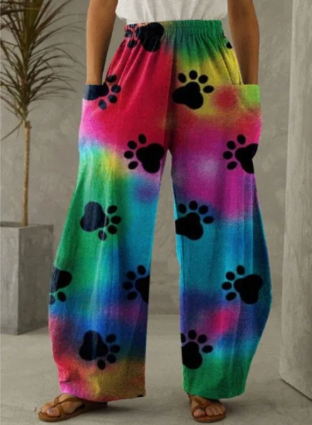 Spring Stylish Dog Paw Print Pants Summer Casual Oversized Girls Cute Y2K Trousers Pocket Women Wide Leg Pants Pantalon