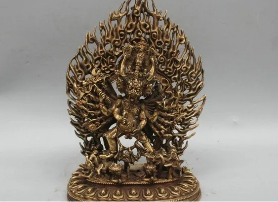 

12 дюймов, Китай, Тибет, Yamantaka, Властелин ада, голова быка, бронзовая статуэтка Будды
