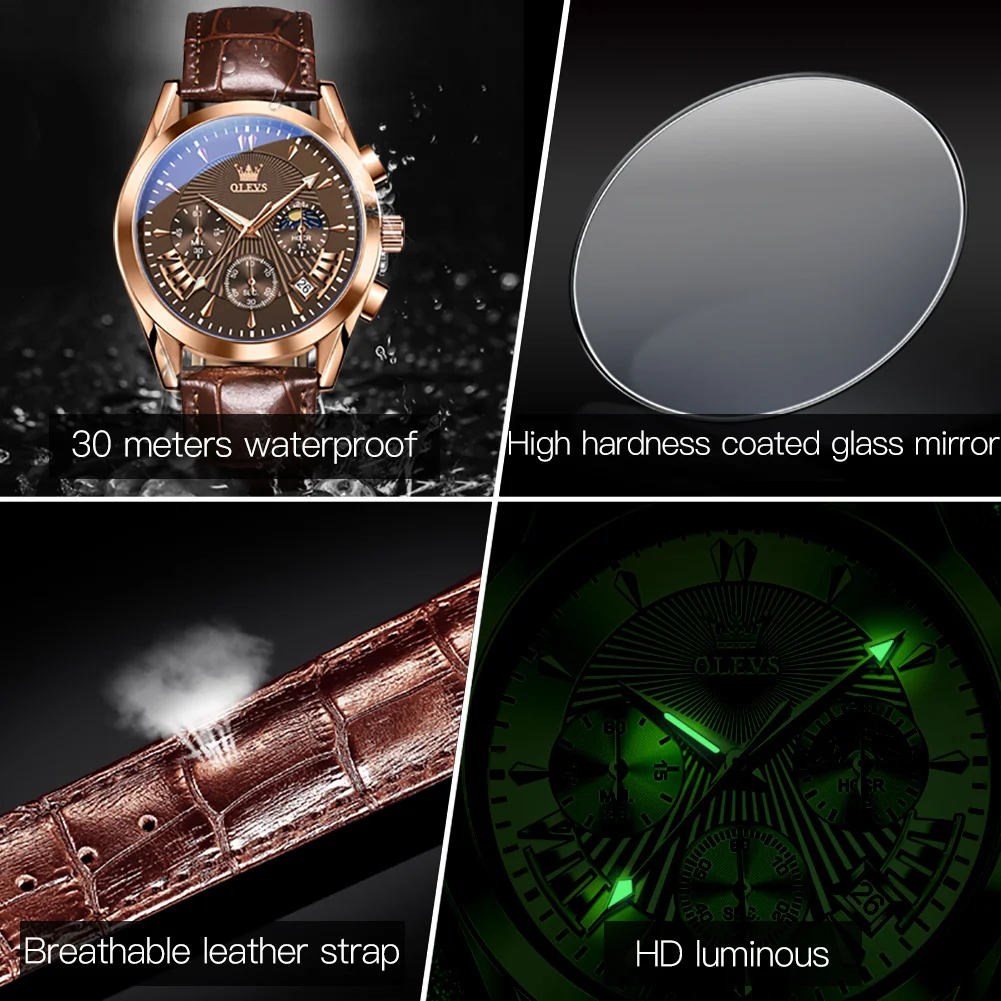 OLEVS Original Luxury Brand Men's Watches High Quality Waterproof Quartz Watch for Men Fashion Leather Strap Man Wristwatch 2