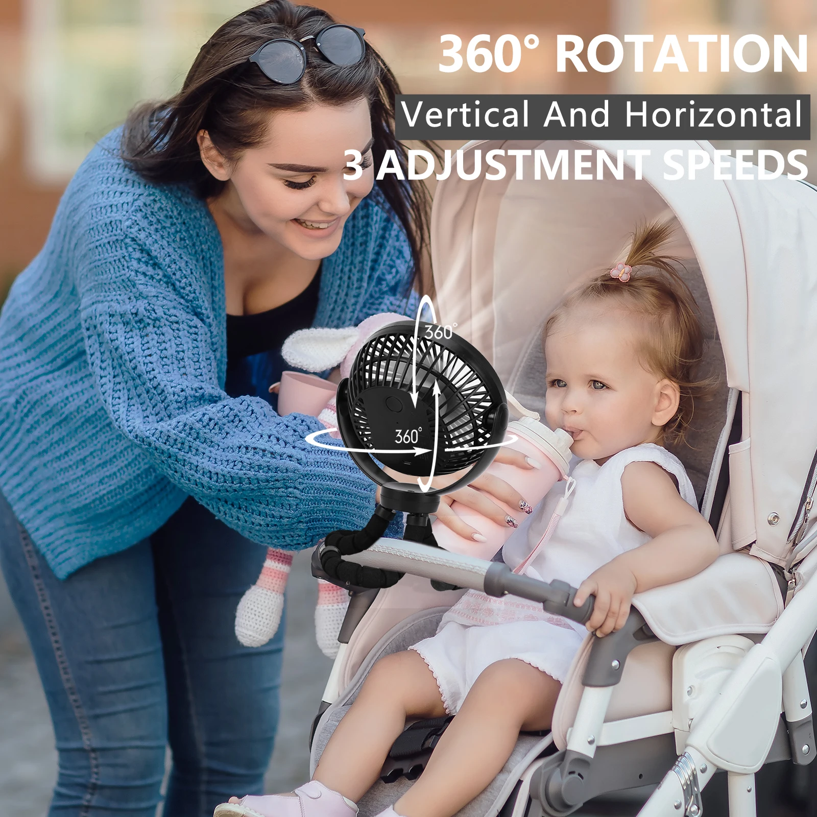 Flexible Stroller Fan 3 Speeds Rotatable Handheld Cooler (2)