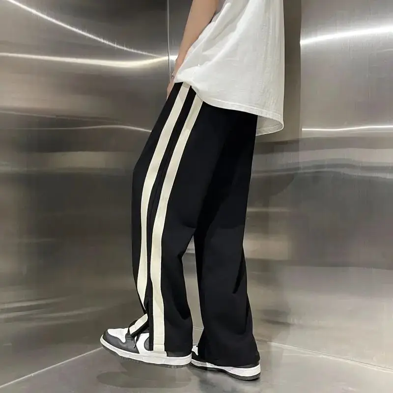 Summer New Elastic Waist Drawstring Pockets Contrast Color Patchwork Split Wide Leg Trousers 2023 Man Street Motion Trousers