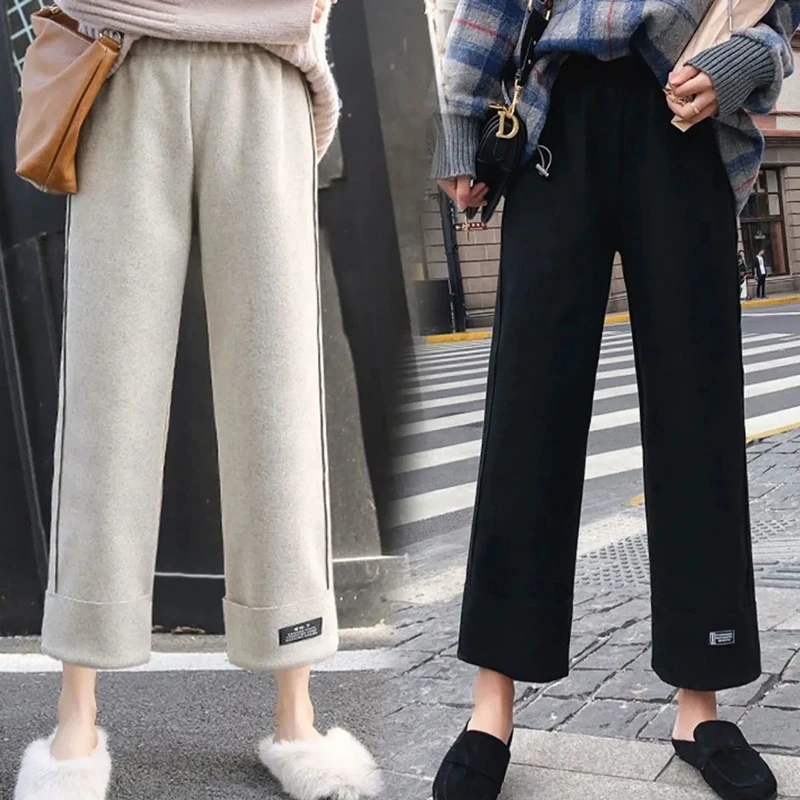 Women'S Casual Woolen Wide Leg Pants Korean Fashion Elastic Waist Baggy Trousers All-Match Large Size Stretch Ankle-Length Pant