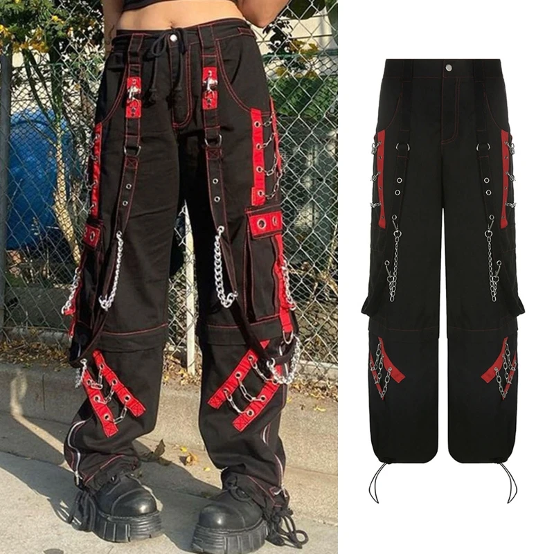 Women Baggy Cargo Pants Punk Colorblock Eyelets Bandage Chain Wide Leg Trousers Dropship
