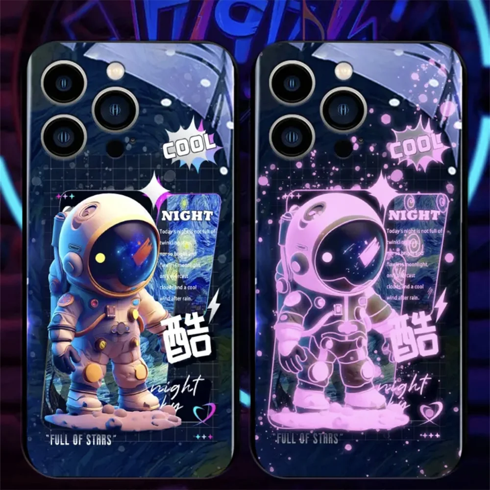 Luminous Astronaut Smart LED Light Glow Tempered Glass Phone Case For Samsung S24 S23 S22 S21 S20 FE Note 10 20 Plus Ultra A54