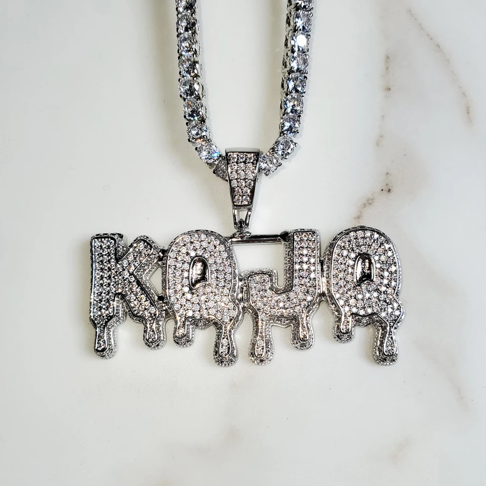 Custom Solid 925 Sterling Silver Bubble Letter Name Pendant With CZ Icing