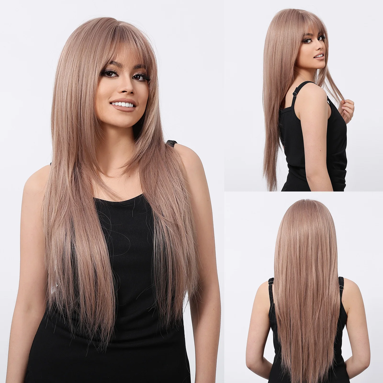 EASIHAIR Long Silky Straight Black Wig with Bangs - Natural-Looking Heat Resistant Synthetic Hair