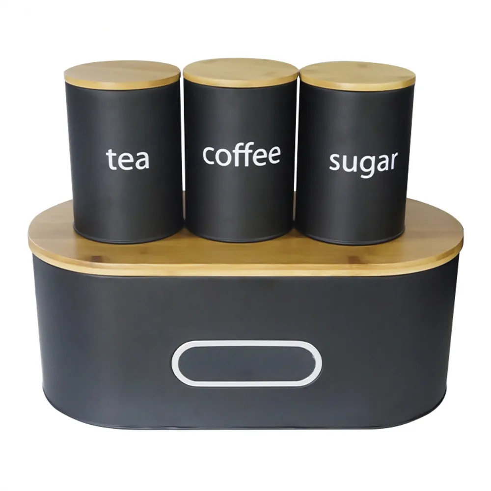 

Large Bread Box With Bamboo Board Cover Metal Bread Bin and 3pcs Round Coffee Sugar Tea Jar Kitchen Food Storage Container Set