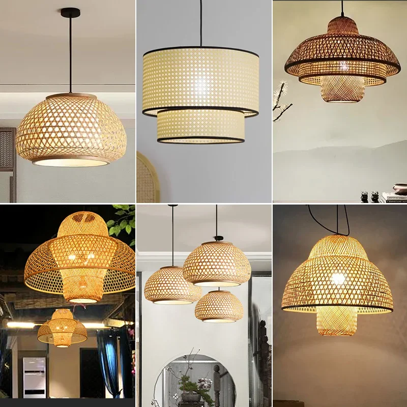 

Natural Hand-Woven Bamboo Lantern Pendant Lamp Rattan Wicker Retro Restaurant Hanging Light Handmade Lampshade E27 Light Fixture