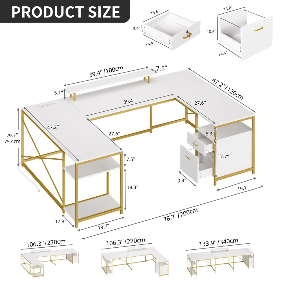 L Shaped Desk with Power Outlets & LED Lights, Reversible Computer Desk with Drawers & Storage Shelves, Large U Shaped Desk 5