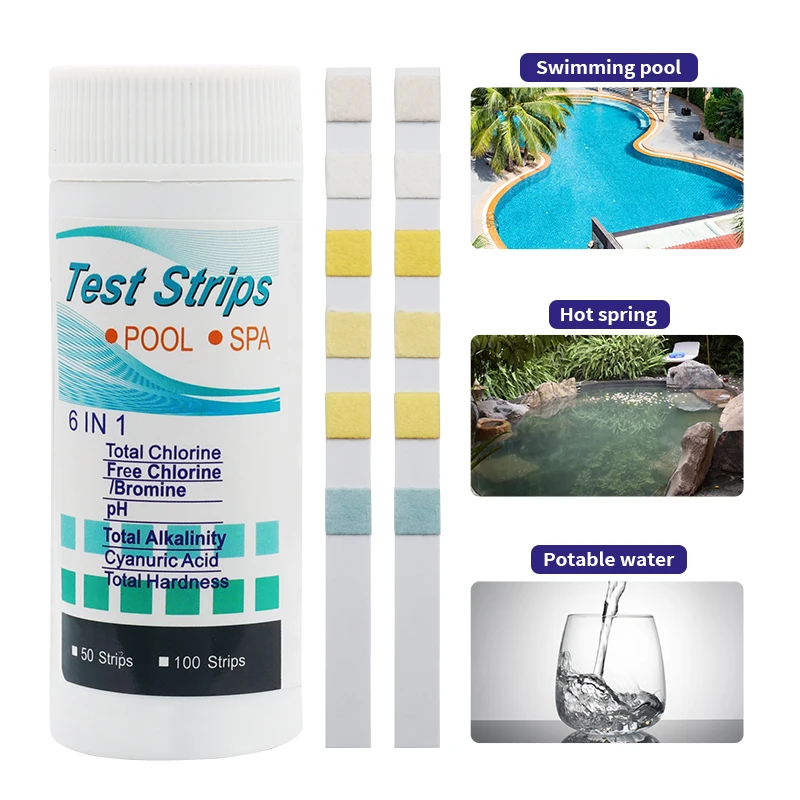 

50pcs 6-in-1 PH Test Strips Water Quality Test Paper Strip Residual Chlorine Alkalinity Hardness Tester For Swimming Pool