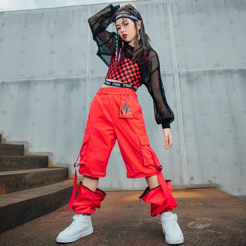 Red Lattice Vest Loose Cargo Pants Net Tops For Girls Clothes Jazz Show Stage Outfit Kids Hip Hop Street Dance Costume girl dance costume children costumes