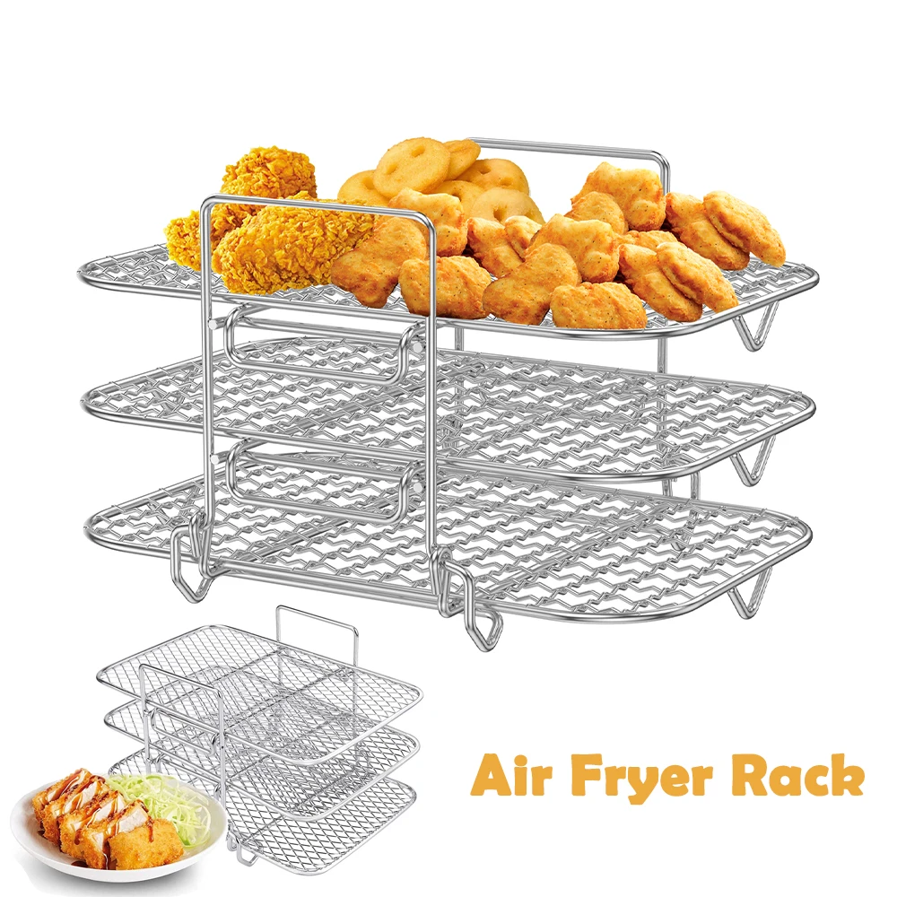 Air Fryer Rack Three Stackable Stainless Steel Ovens Racks Toast BBQ Rack Basket Rectangle Baking Tools Air Fryer Accessories
