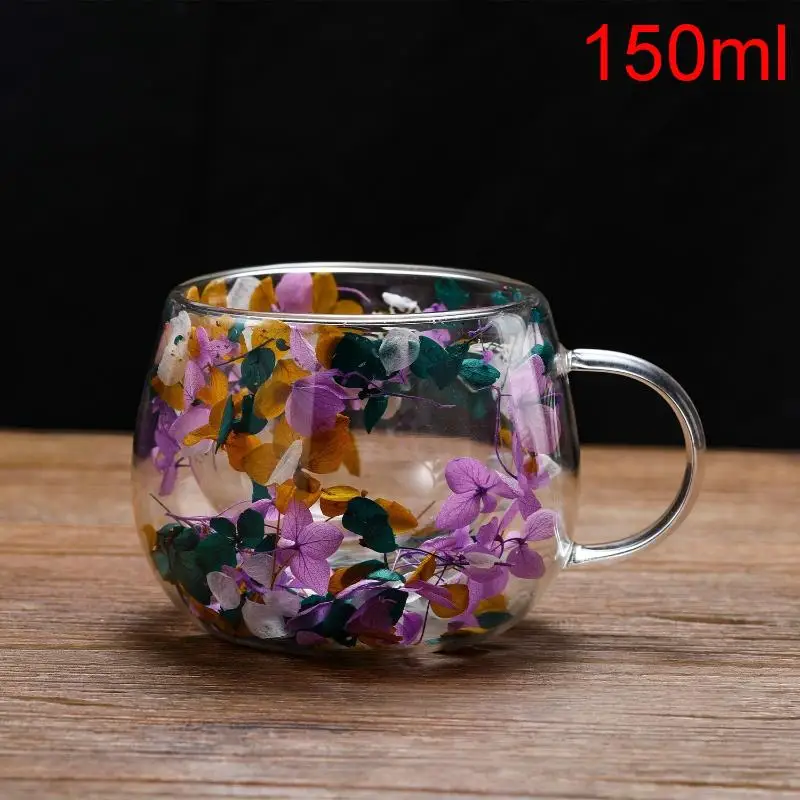 Elegant Double-Layer Glass Cup with Dried Flower Embellishment, Heat-Resistant