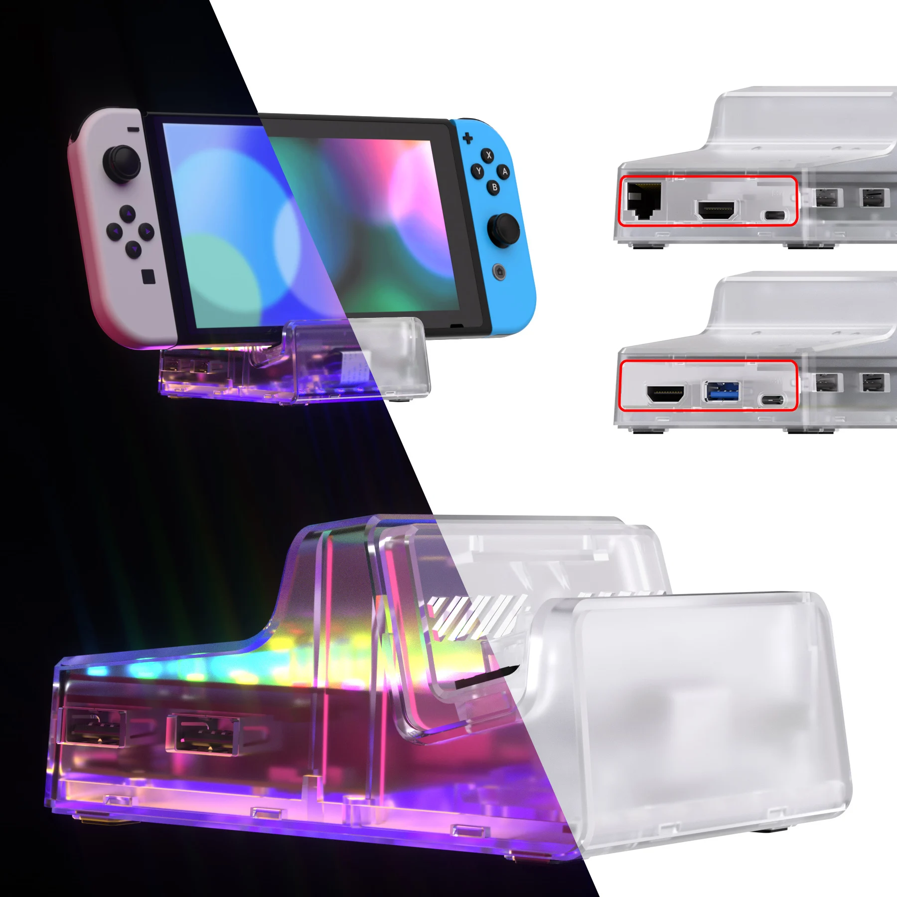 EXtremeRate AiryDocky BRICOLAGE Kit Version LED Remplacement Coque pour Nintendo Switch et Interrupteur OLED Quai-7 Couleurs 39 Effets