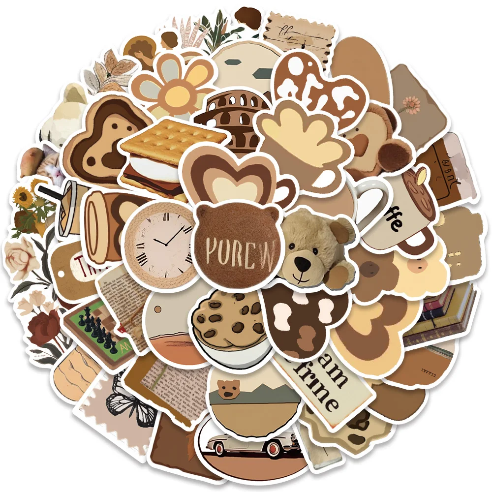 50pcs Waterproof Graffiti Ins Style Retro Cartoon Brown Aesthetic Stickers For Luggage Guitar Phone Vinyl Laptop Decals