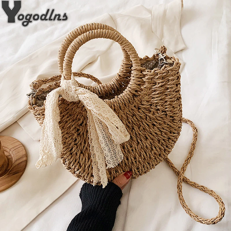 Straw Bag Women Hand-woven Handbag Moon Shape Lace Bow Rattan Bag Big ...