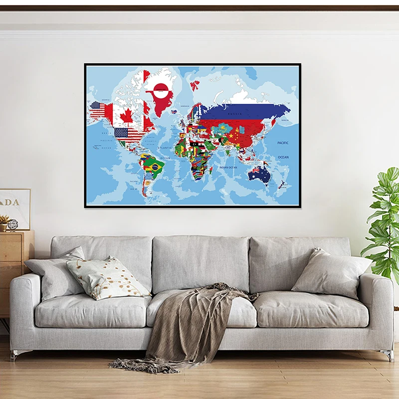 The World Map In English Canvas Painting Wall Art Poster and Prints Teaching Supplies Living Room Home Office Decor 45*30cm