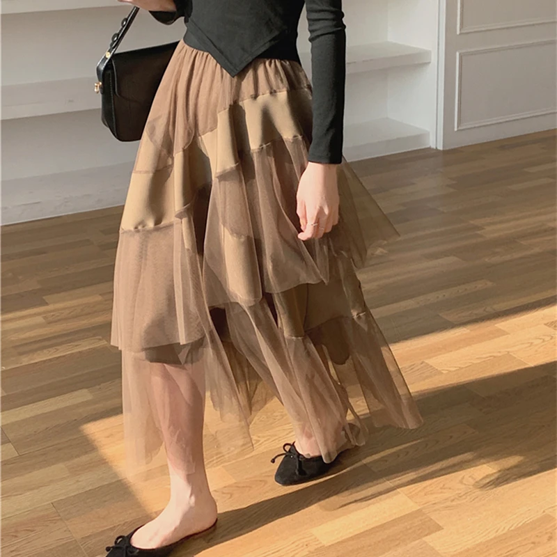 Women High Waist Skirt Casual Solid Sweet Cute Elegant A-Line Mid-Calf Skirt Ladies Harajuku Vintage Irregular Skirts Female blue skirt