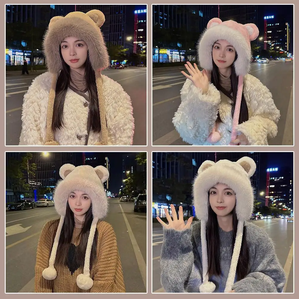 Woolen Hat Women Plush Bear Ears Windproof Autumn Winter