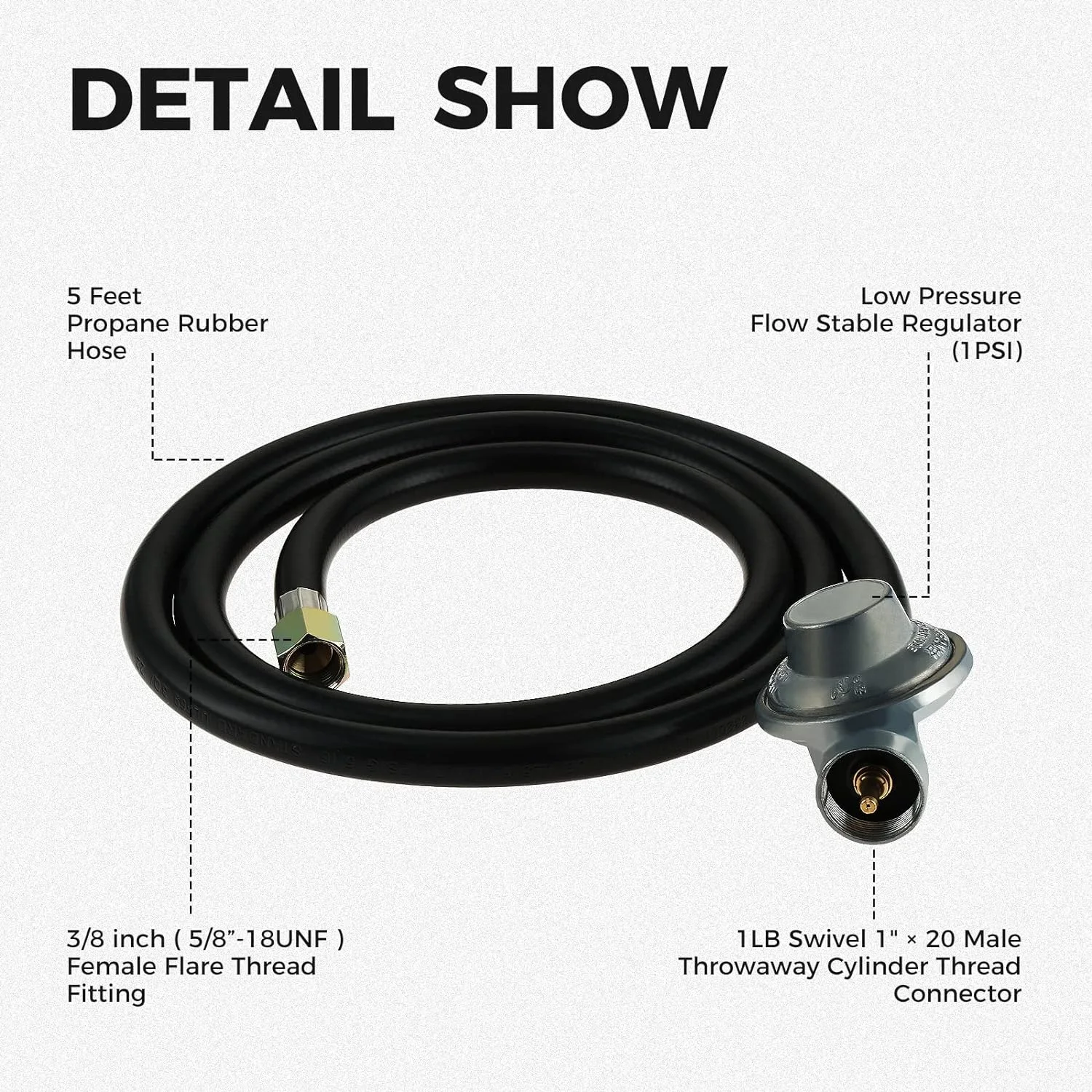 1LB Low Pressure Propane Regulator with 5FT Extension Hose,3/8" Female Flare Nut for Outdoor Camper Gas Grills Heaters BBQ Stove