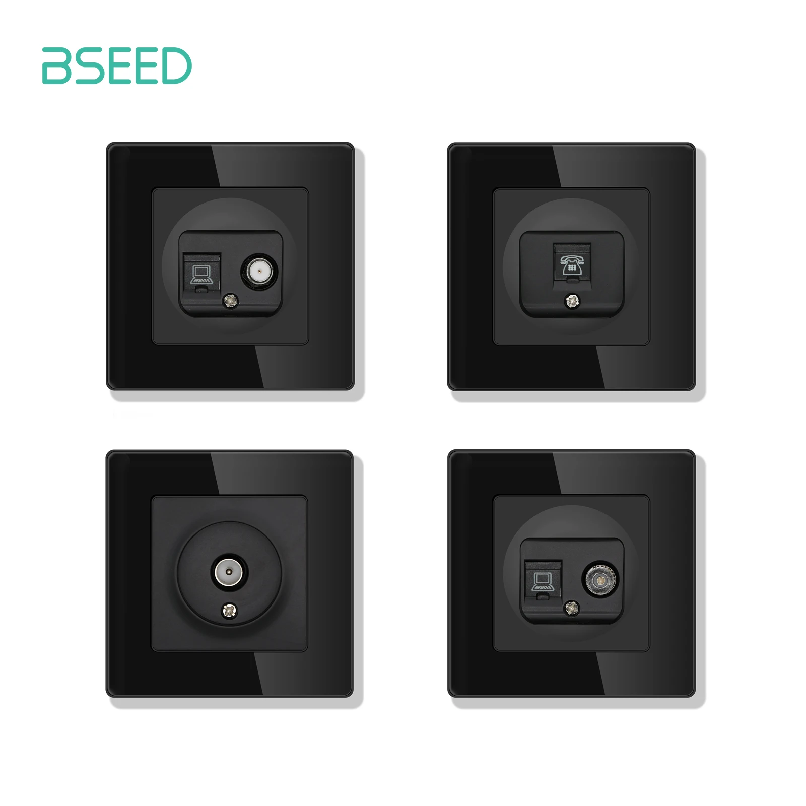 Bseed Porta Tv Rj45 Presa Internet Presa Di Corrente A Parete Presa Satellitare Cornice In Vetro Colore Nero Per Tv Telphone Computer