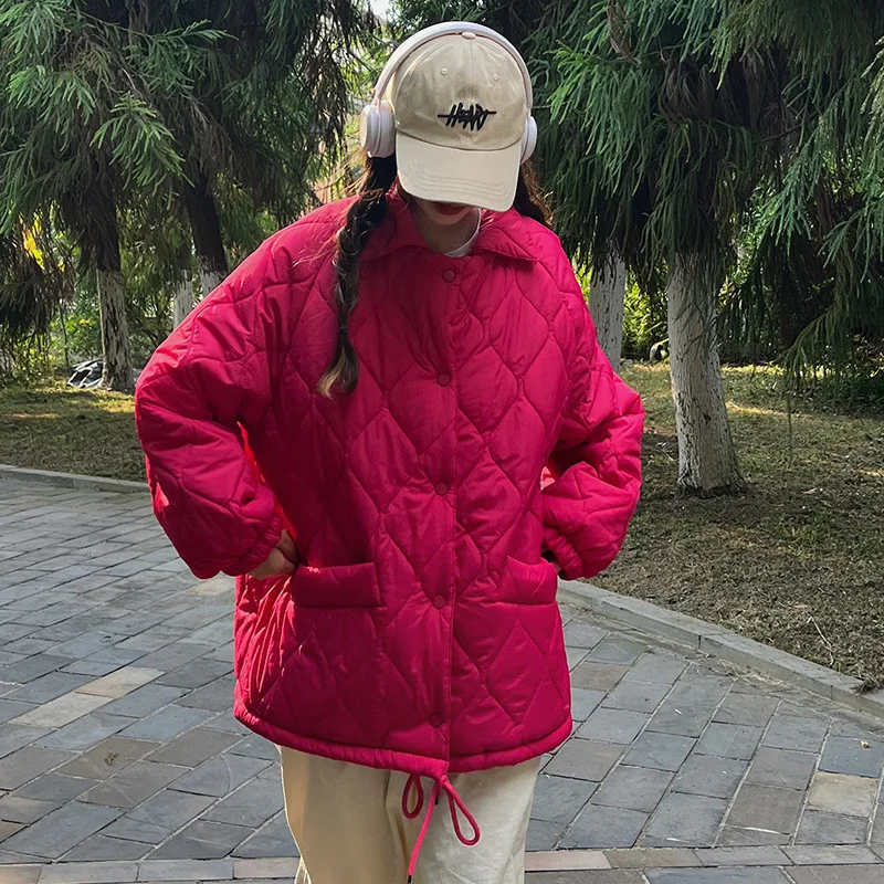 Oversized Puff Jacket Women Lamb Wool Stand Collar Loose Short Parkas Mujer Loose Padded Coat Korean Diamond Single Breastin