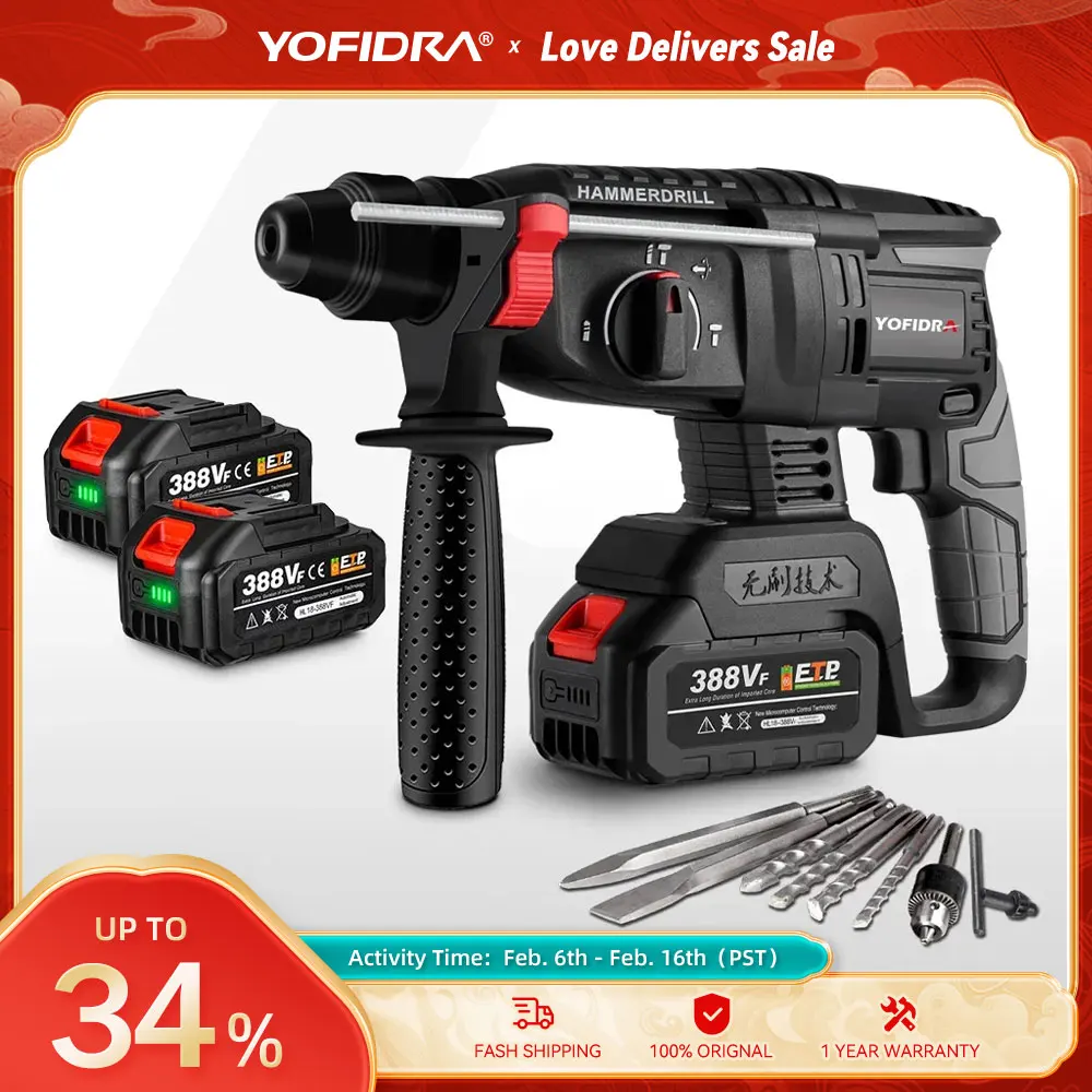 Yofidra 26Mm Brushless Electric Hammer Impact Drill Multifunzione Efficiente Cordless Rotary Power Tool Per Batteria Makita 18V
