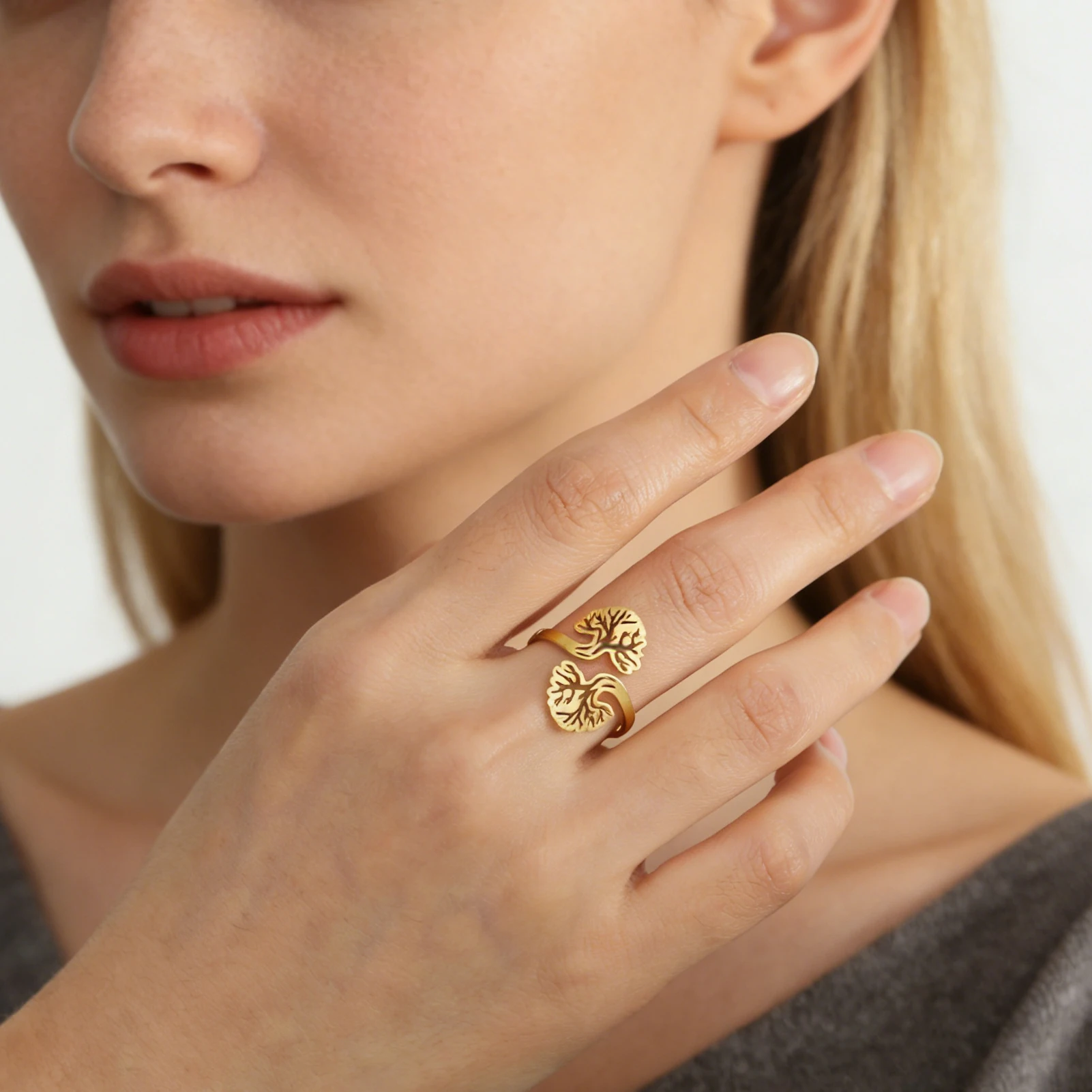 CoolTime Vintage Goldfarbene Damenringe Doppelter Lebensbaum Offener Ring Edelstahl Ausgehöhlter Spiritueller Schmuck Geschenk