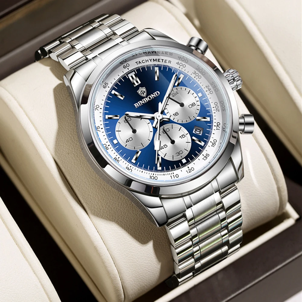 BINBOND Fashion Men's Watches Trend Multifunctional Original Quartz Watch for Man Waterproof Stainless Steel Chronograph Watch 2
