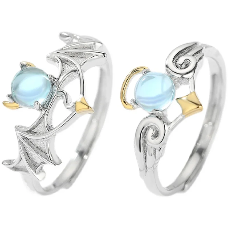 2/1Pcs Angel Demon Rings For Couples Lovers Promise Matching Open Ring Blue Moonstone Regolabile Per Uomo Donna Regalo Di San Valentino