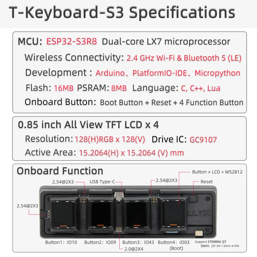 ® T-Keyboard-S3 Pro ESP32-S3 Keyboard Development Board 0.85-inch LCD Button WiF